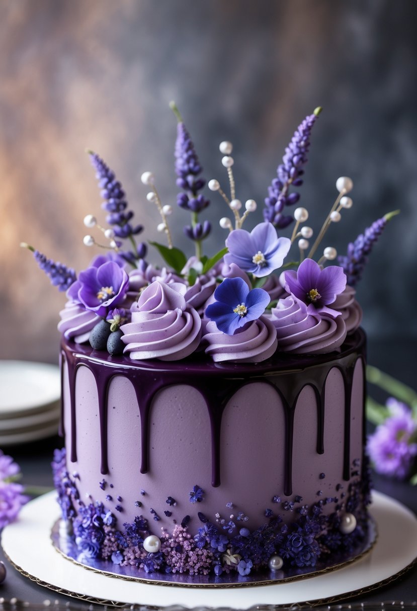 A close-up of a cake covered in dark purple glossy glaze with purple frosting decorations and edible flowers.