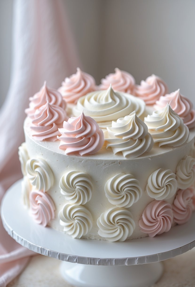 A close-up view of a cake decorated with pink and white buttercream rosettes on a white cake stand.