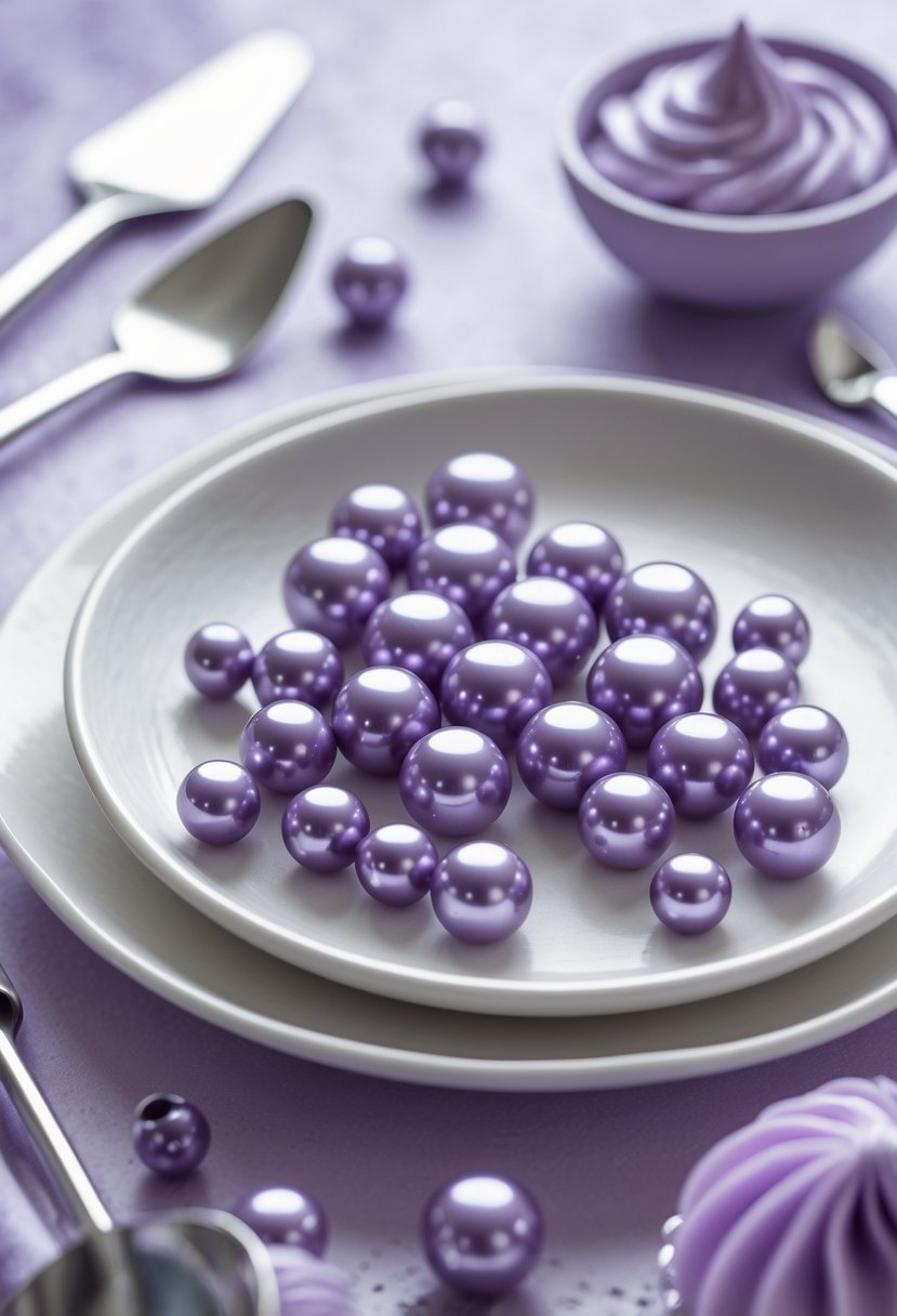 Close-up of purple edible pearl beads arranged on a white plate with cake decorating tools nearby.