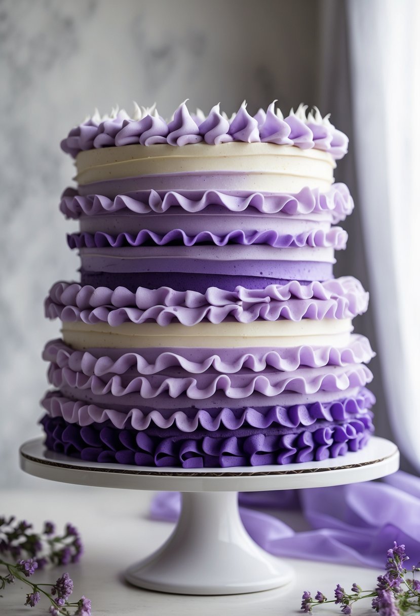 A multi-tiered cake decorated with purple ruffled icing in gradient shades from dark to light.