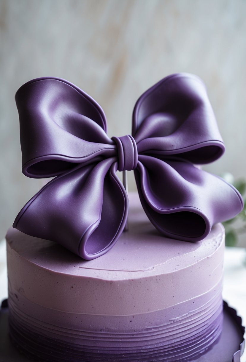 A purple cake decorated with a large eggplant-colored fondant bow on top.