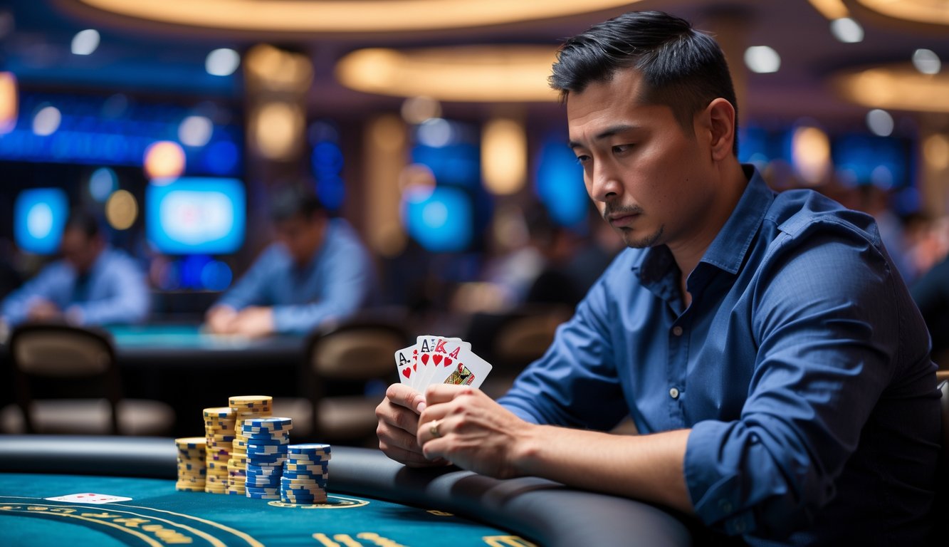 Seorang pria dewasa duduk di meja poker dengan kartu dan tumpukan chip, tampak fokus dan berpikir dalam suasana kasino.