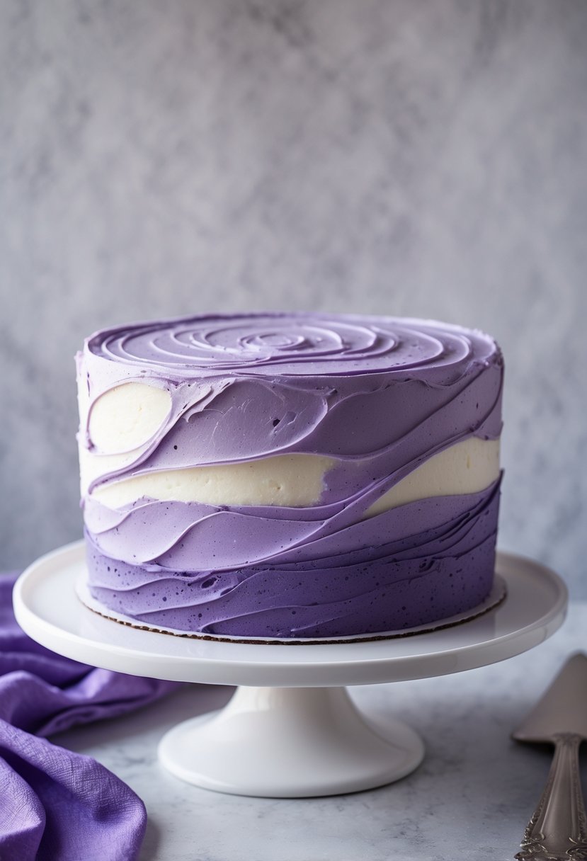 A close-up of a cake with two-tone purple marble icing on a white cake stand.