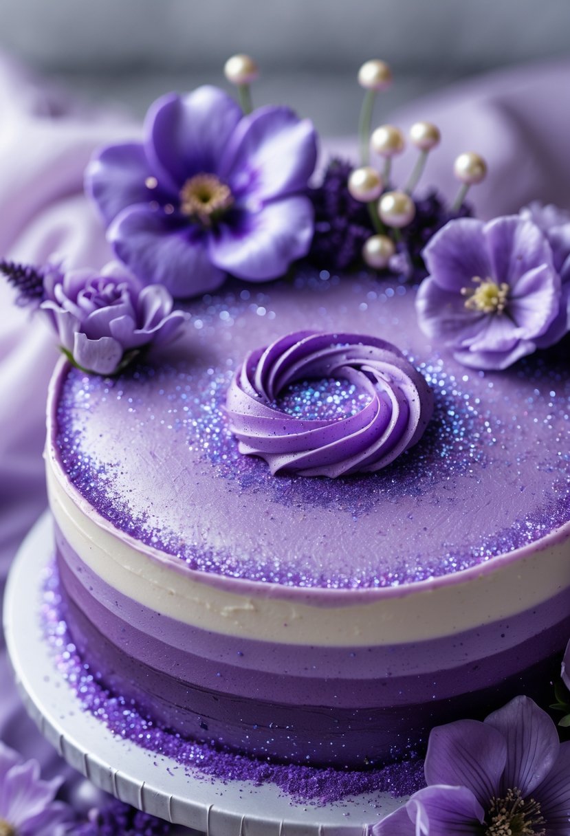 A close-up of a purple decorated cake with shimmering dust and elegant edible decorations.