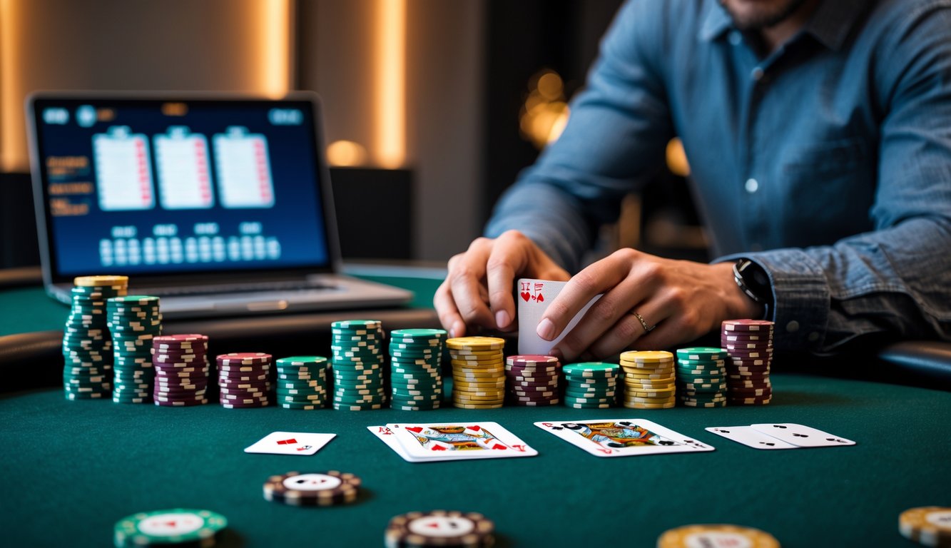 Meja poker dengan tumpukan chip dan kartu, pemain sedang membagikan kartu, suasana belajar dan bermain poker.