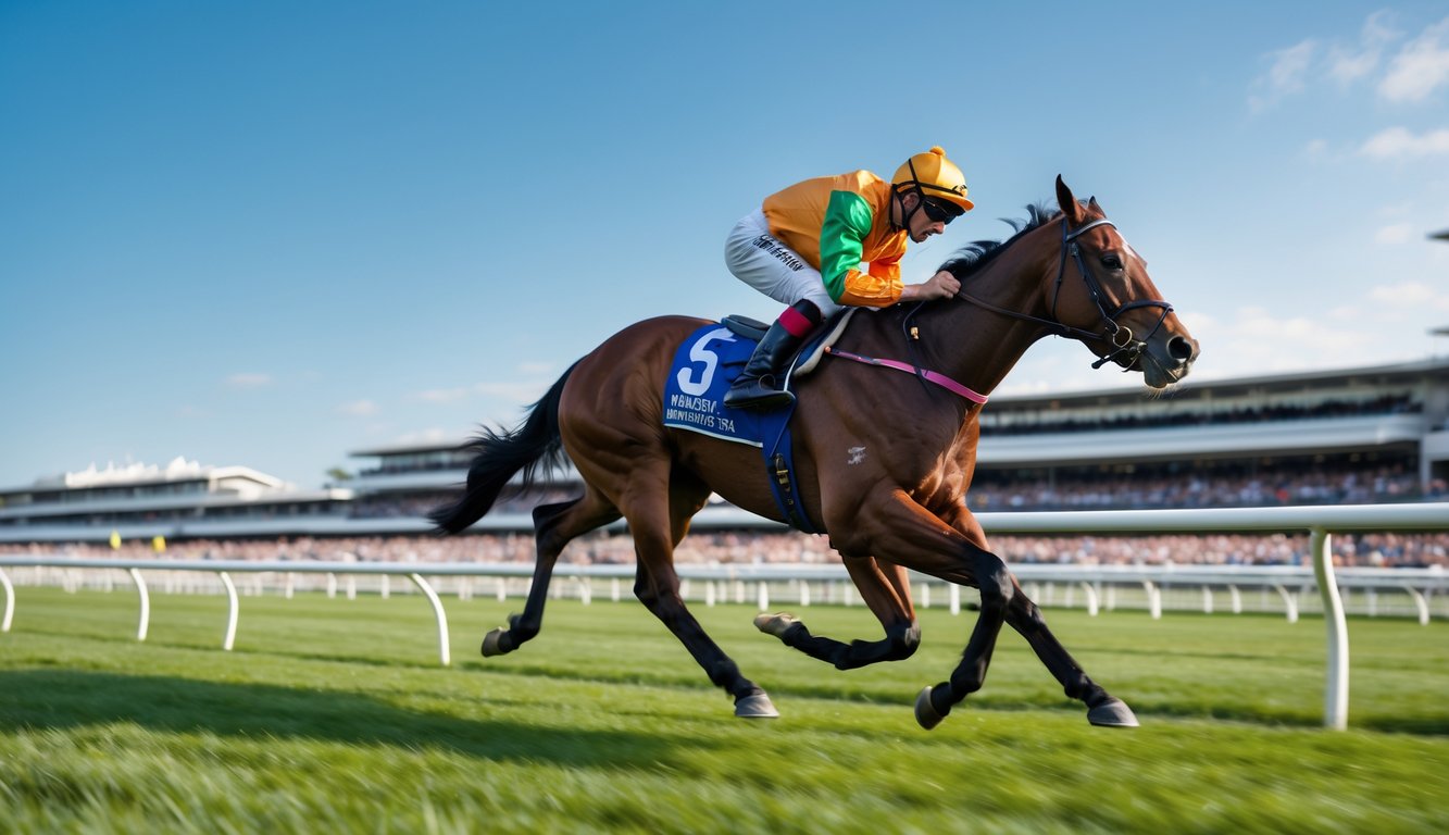 Seekor kuda pacu berlari kencang dengan joki di lintasan balap kuda, di depan penonton.