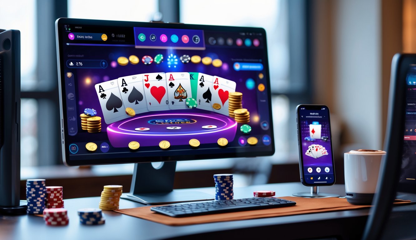 Sebuah meja dengan komputer dan ponsel yang menampilkan permainan poker online, dengan chip dan kartu poker di atas meja.
