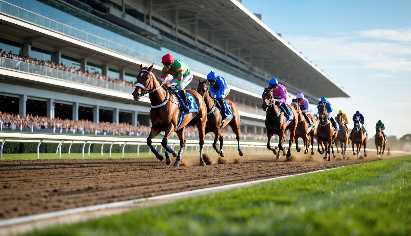 Beberapa kuda pacuan dengan joki berwarna-warni sedang berlari kencang di lintasan balap dengan penonton di tribun.