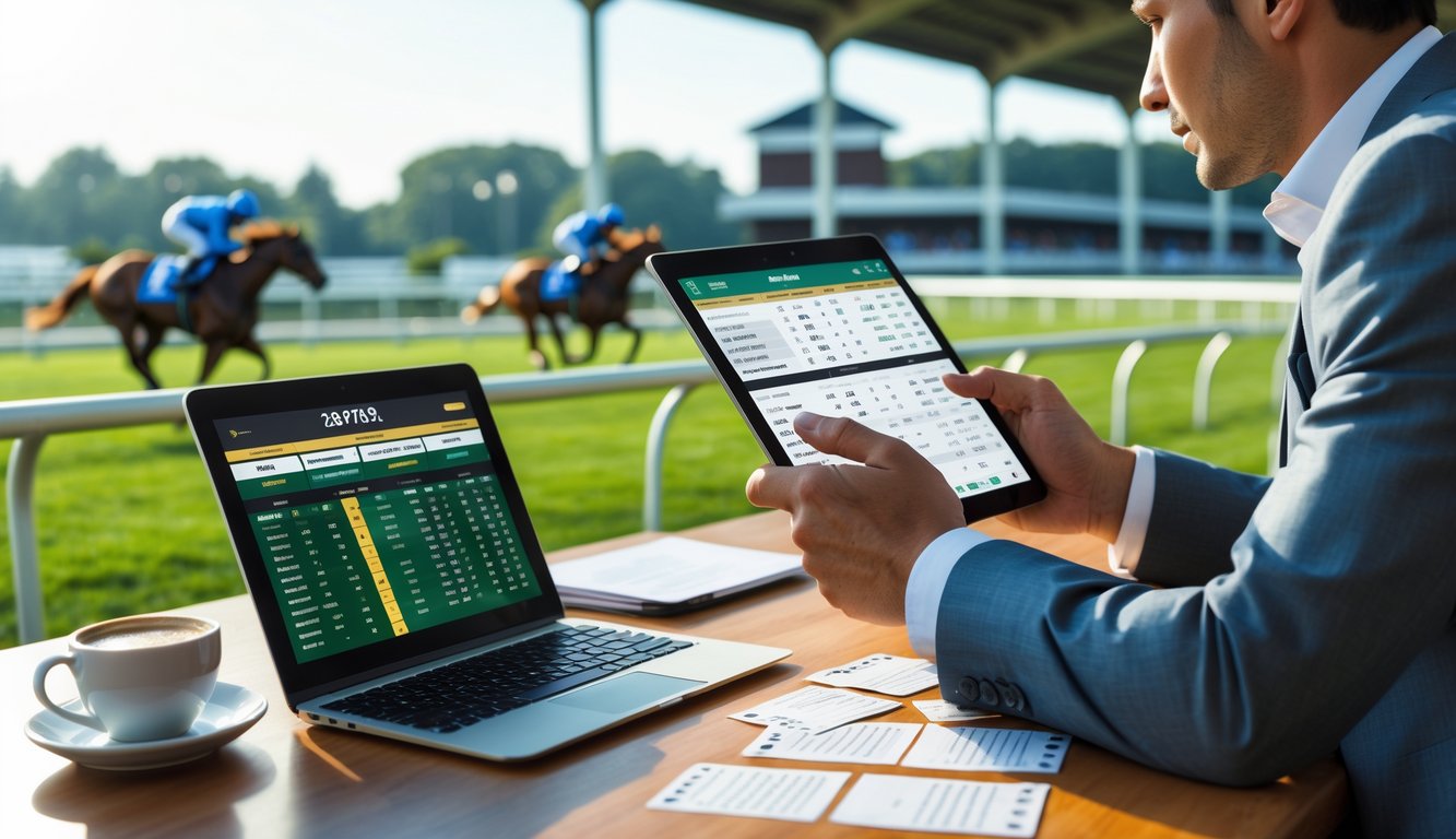 Seseorang yang fokus menganalisis data balap kuda menggunakan tablet dengan latar belakang kuda yang sedang berlari di lintasan balap.