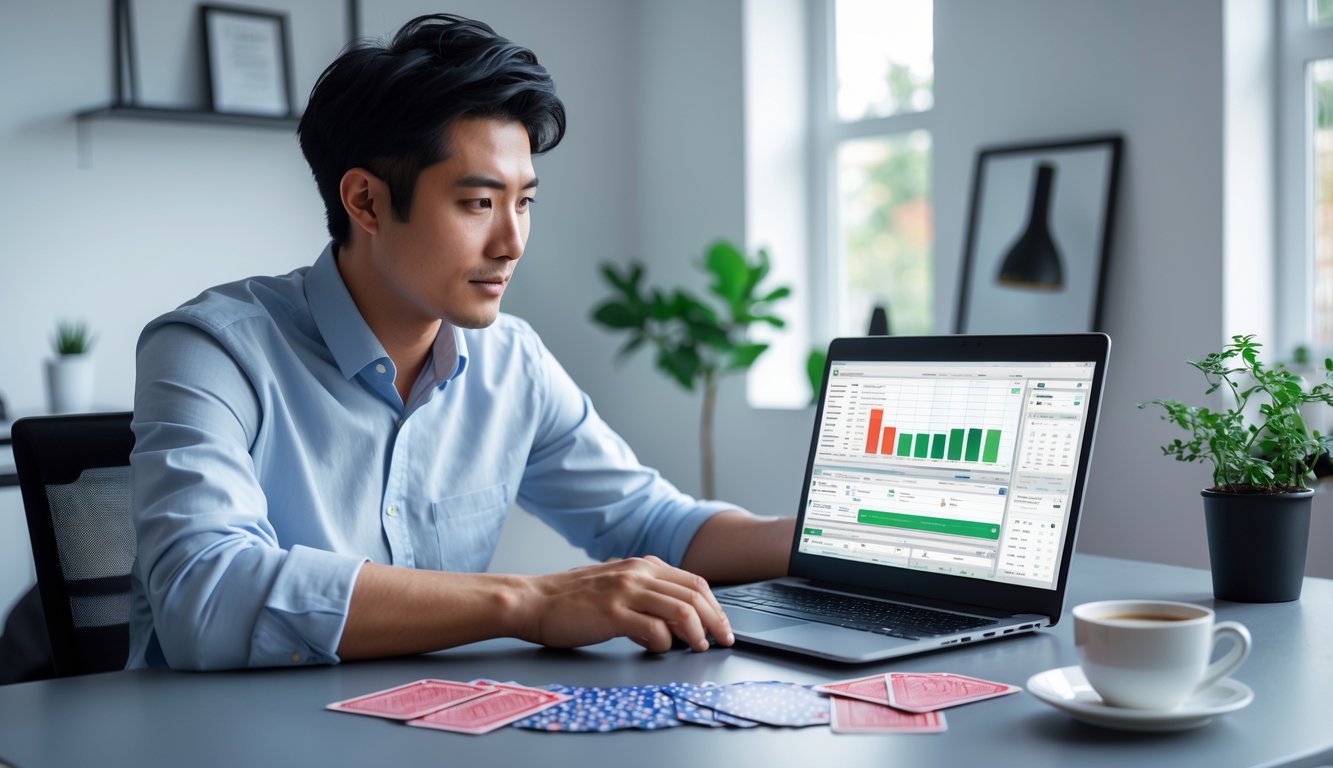 Seorang pria muda duduk di meja dengan laptop, kartu poker, dan chip, sedang mengelola modal poker secara serius.