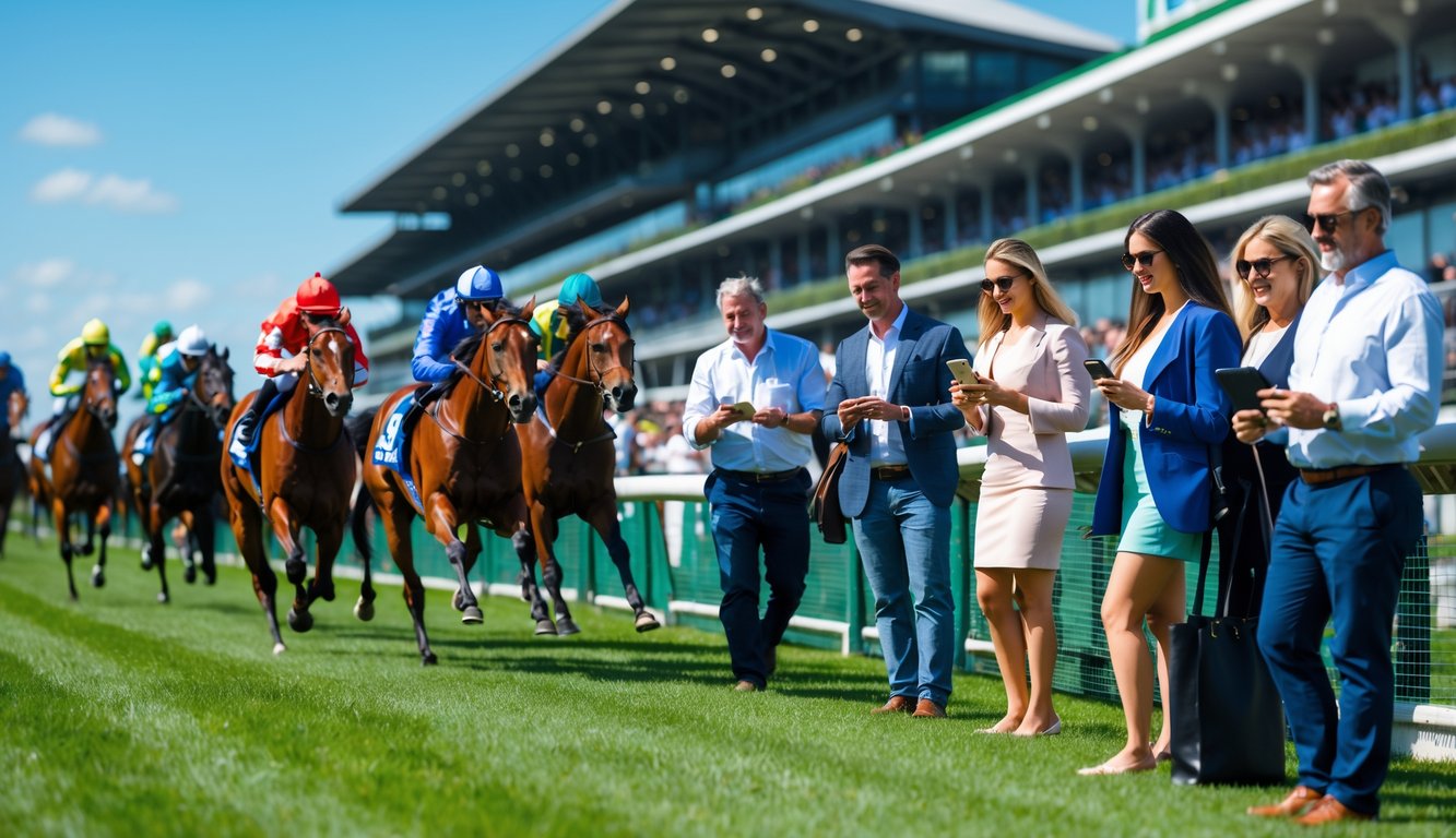 Sekelompok orang menonton perlombaan kuda di lintasan balap dengan kuda dan joki yang sedang berlari kencang.