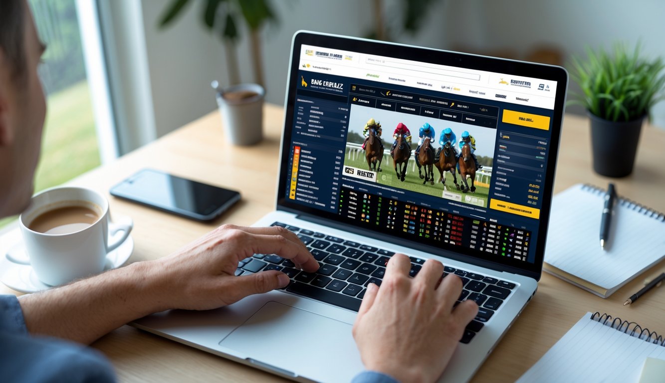 Seseorang menggunakan laptop untuk memasang taruhan balap kuda online di ruang kerja yang terang dan rapi.