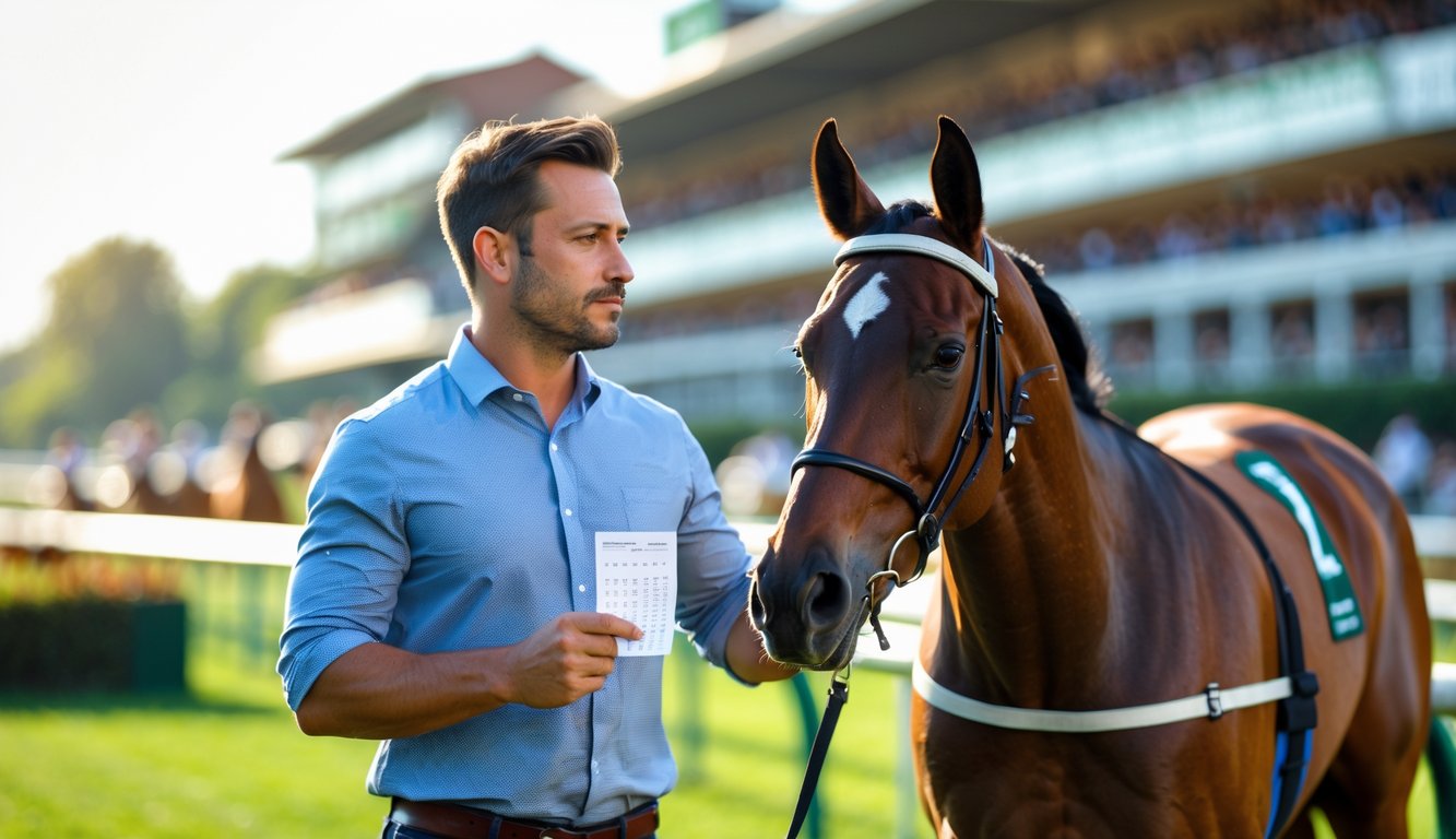 Seorang pria berdiri di samping seekor kuda pacu di lintasan balap kuda sambil memegang slip taruhan.