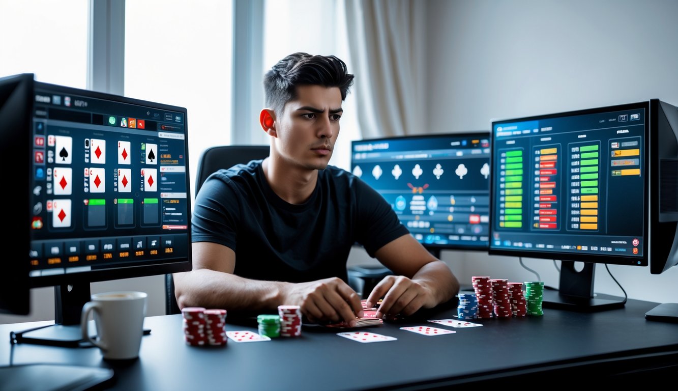 Seorang pria muda fokus bermain poker online di depan komputer dengan kartu dan chip poker di meja.