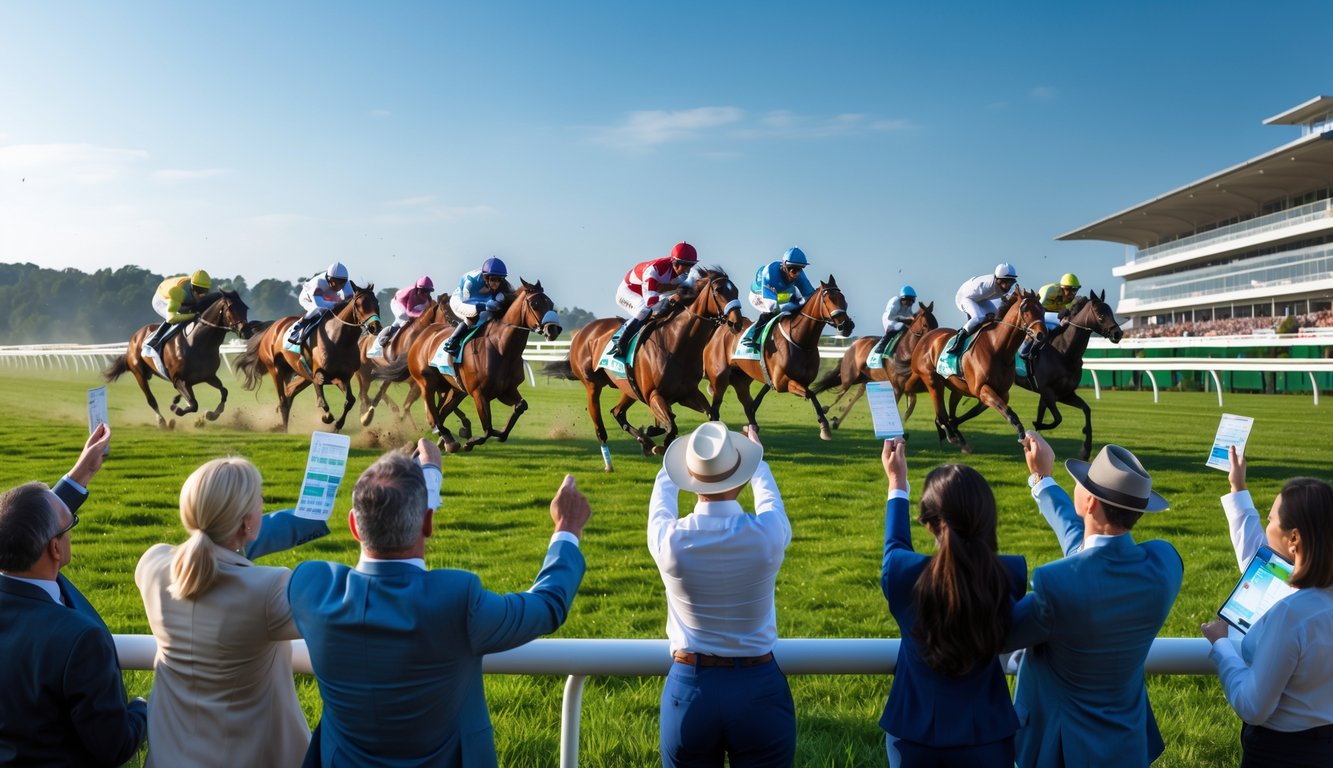 Orang-orang menonton balap kuda dengan kuda dan joki yang sedang berlomba di lintasan hijau.