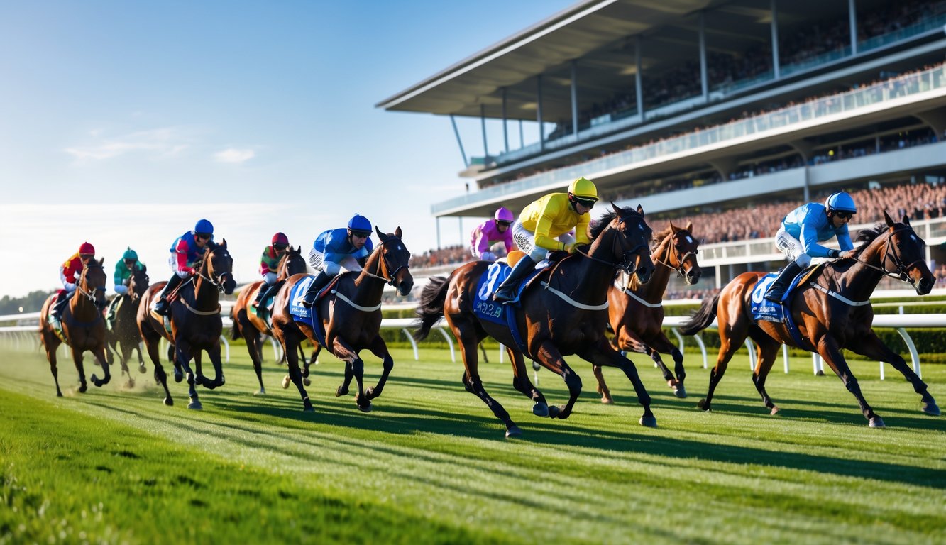Beberapa kuda pacu berlari cepat di lintasan hijau dengan joki mengenakan pakaian warna-warni dan penonton di tribun di latar belakang.