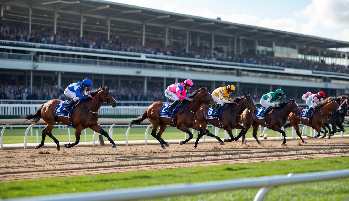 Adegan balap kuda dengan beberapa kuda berlari cepat dan joki mengenakan pakaian berwarna-warni di sebuah arena balap yang ramai dengan penonton.