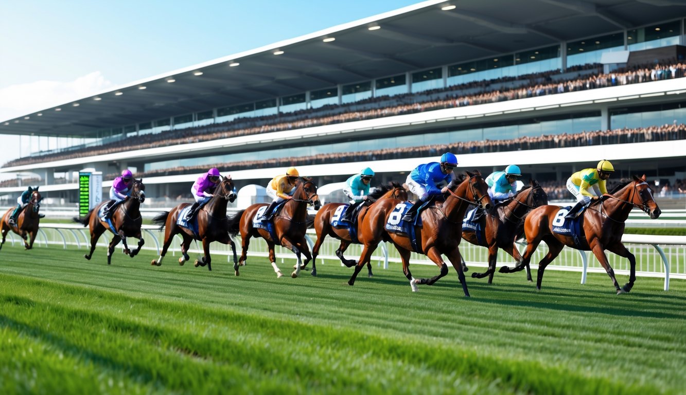 Lomba pacuan kuda dengan beberapa joki menunggang kuda yang sedang berlari cepat di lintasan balap dengan tribun penonton penuh dan cuaca cerah.