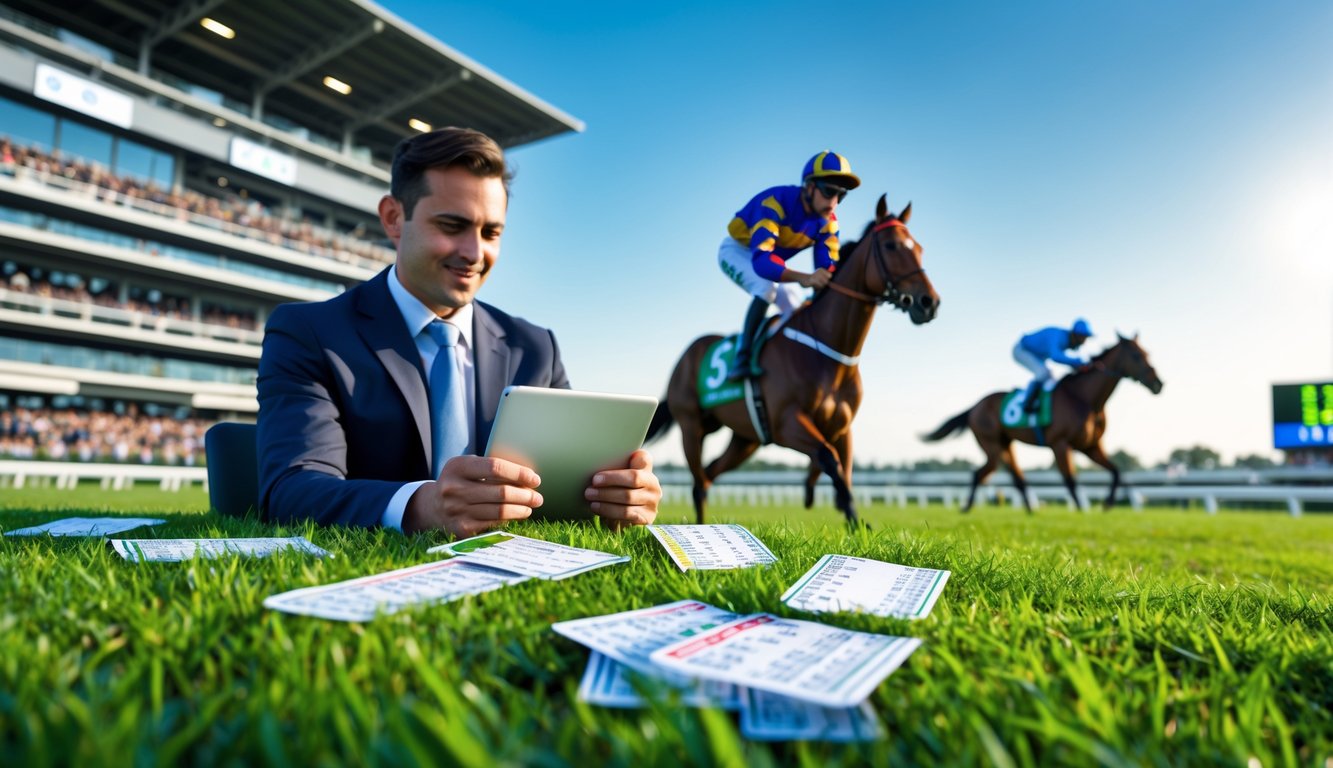Seseorang sedang menganalisis data balap kuda menggunakan tablet dengan latar belakang lintasan balap dan kuda yang sedang berlari.