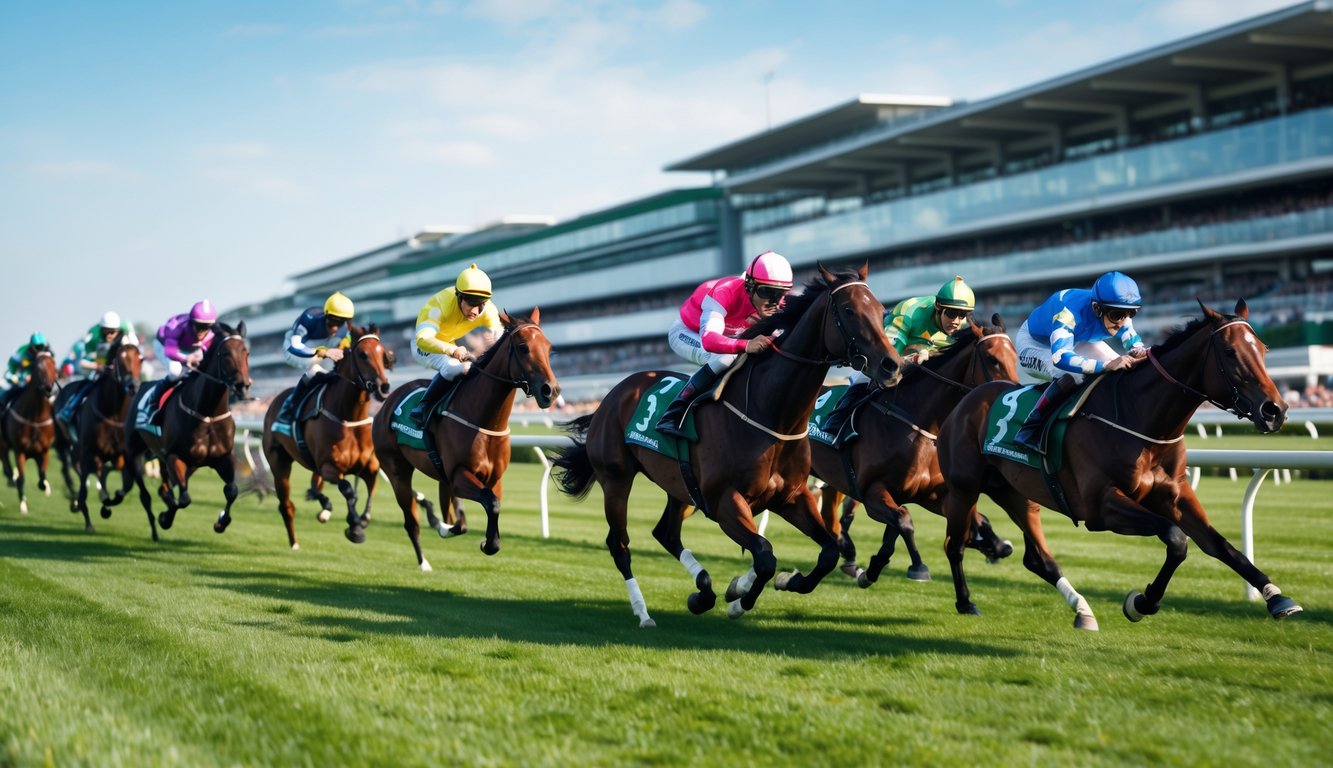 Adegan balapan kuda dengan beberapa joki yang sedang berlomba di lintasan pacuan kuda yang ramai.