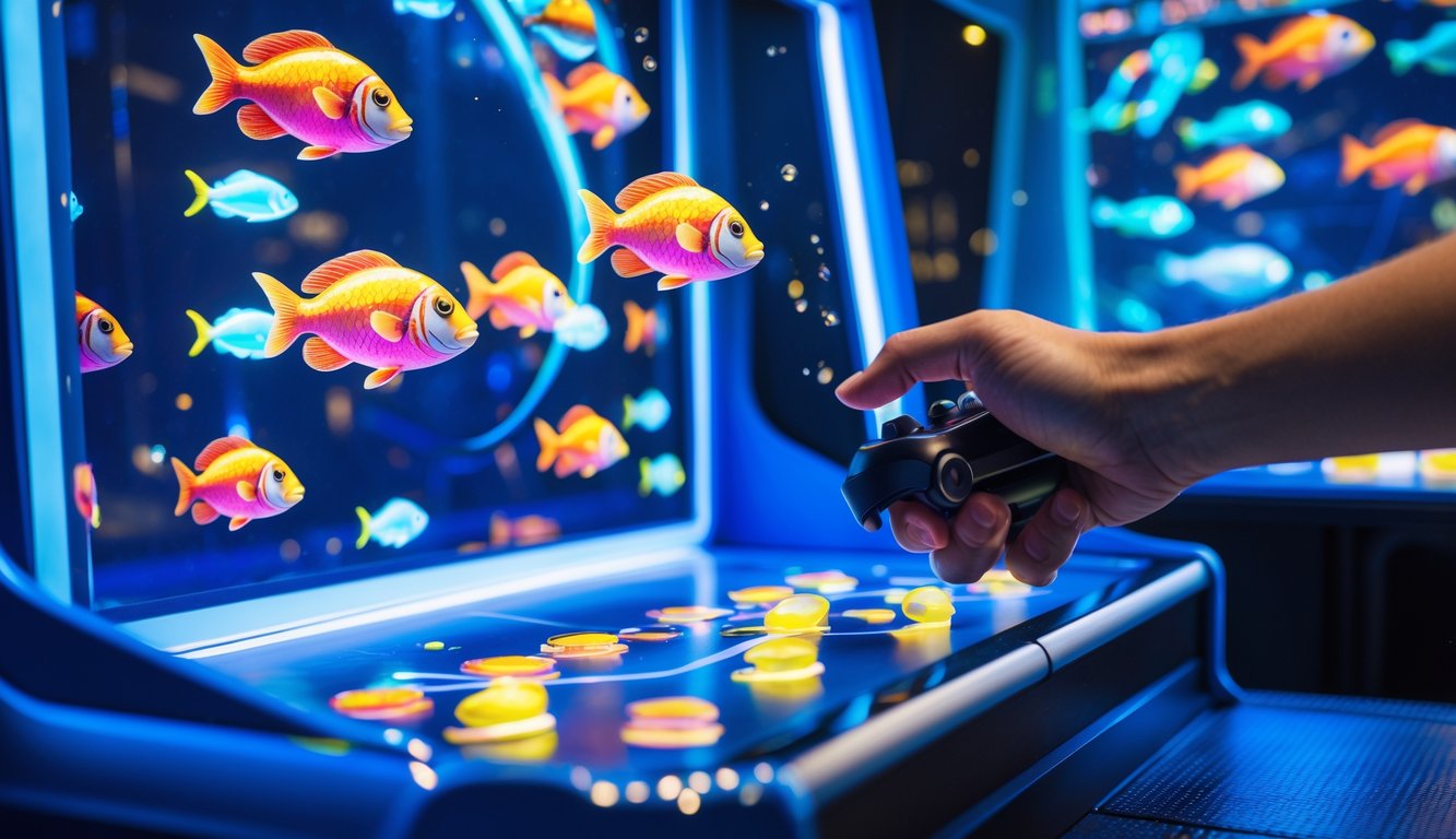 Sebuah mesin permainan tembak ikan yang modern dengan tangan pemain sedang mengarahkan kontrol ke layar berisi ikan-ikan digital di lingkungan arcade yang cerah dan hidup.