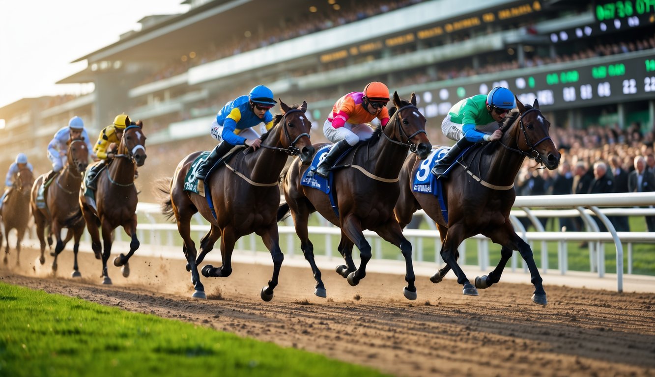 Lomba pacuan kuda dengan kuda berlari cepat dan joki mengenakan seragam warna-warni di lintasan dengan penonton dan papan hasil langsung di latar belakang.