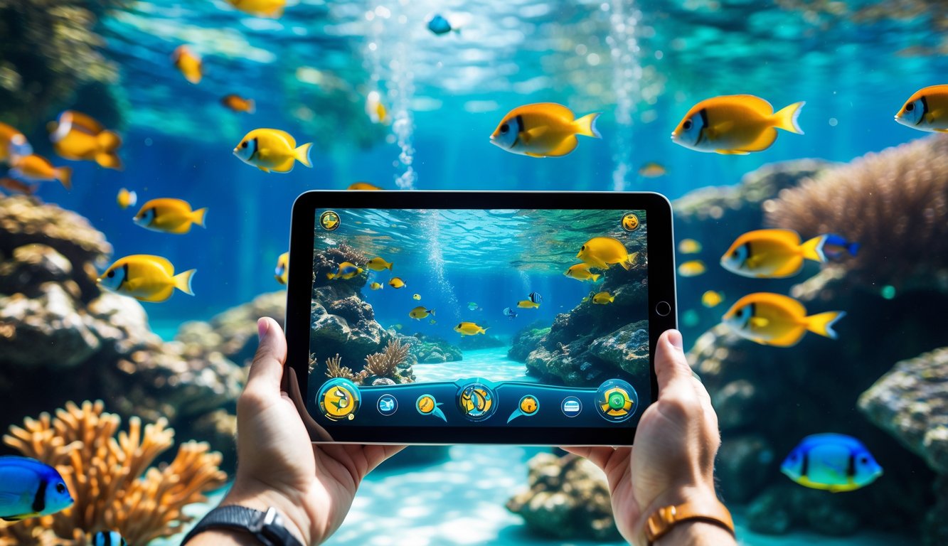 Pemandangan bawah laut dengan ikan tropis berwarna-warni berenang di sekitar terumbu karang dan perangkat digital menampilkan permainan memancing online.