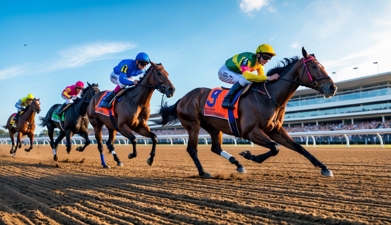 Beberapa kuda pacu dengan joki berwarna-warni sedang berlomba di lintasan balap dengan penonton ramai di latar belakang.