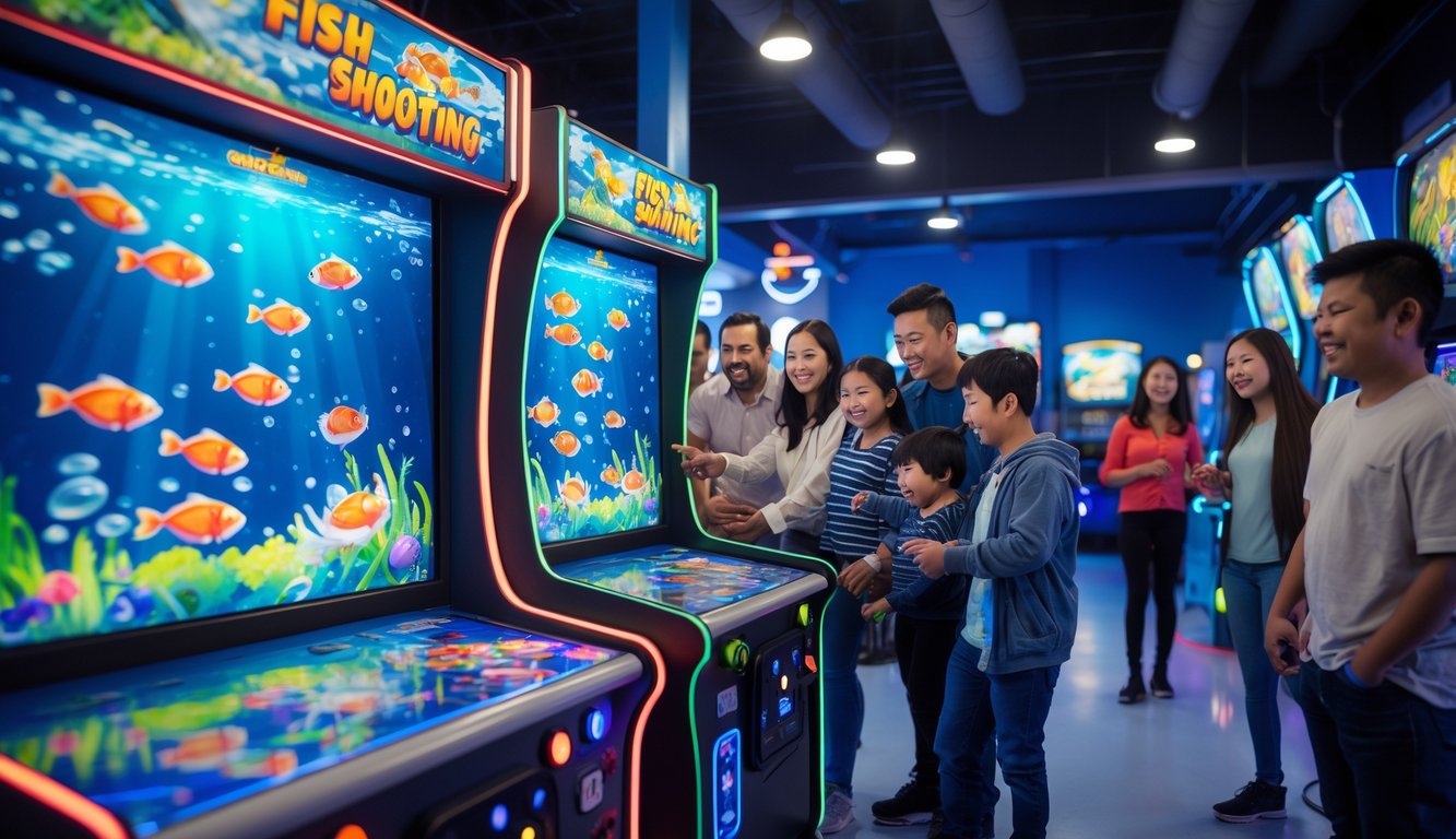 Orang-orang bermain mesin permainan tembak ikan di sebuah arena permainan yang terang dan ramai.