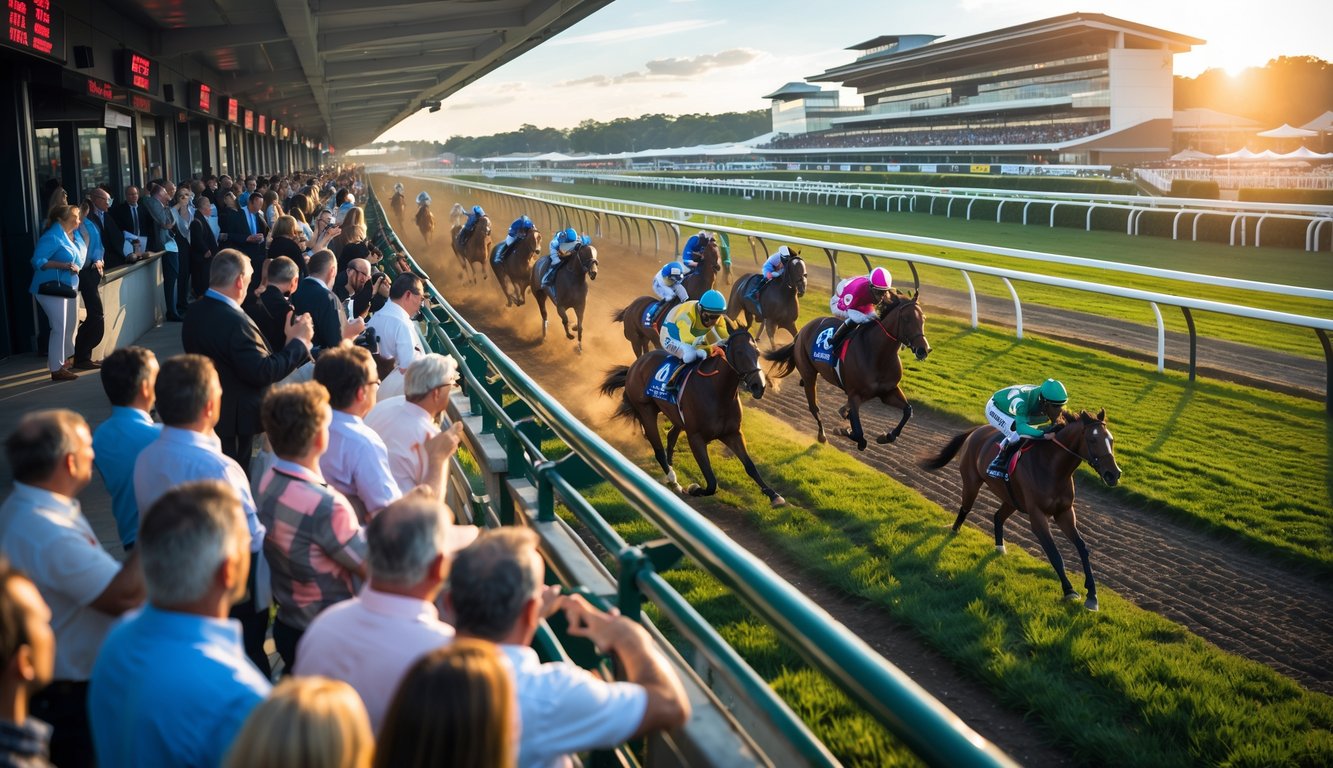 Kerumunan penonton menyaksikan balapan kuda dengan beberapa joki mengenakan pakaian warna-warni di lintasan pacuan kuda yang ramai.