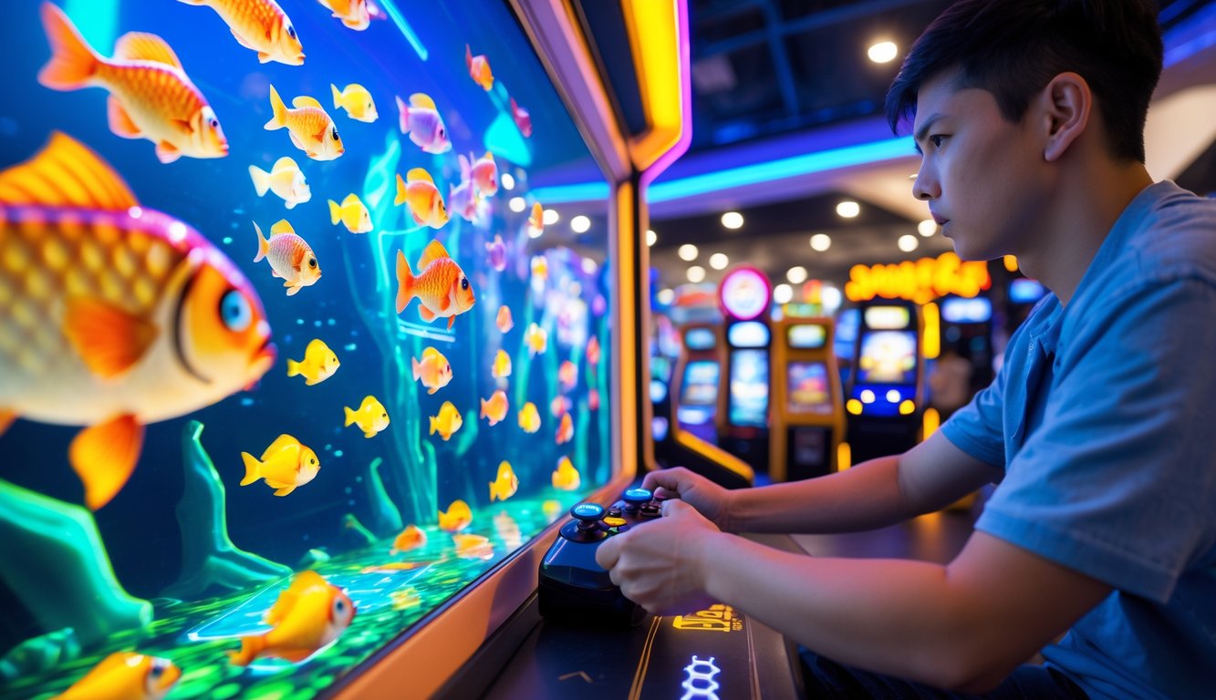 Seorang pemain sedang fokus bermain permainan tembak ikan di pusat permainan dengan layar penuh ikan berwarna-warni.