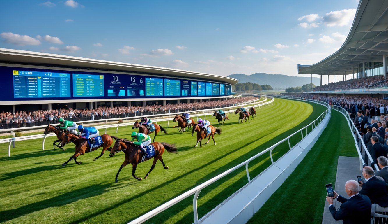 Balapan kuda internasional dengan kuda dan joki berlari di lintasan modern, dikelilingi layar digital dan penonton di tribun.