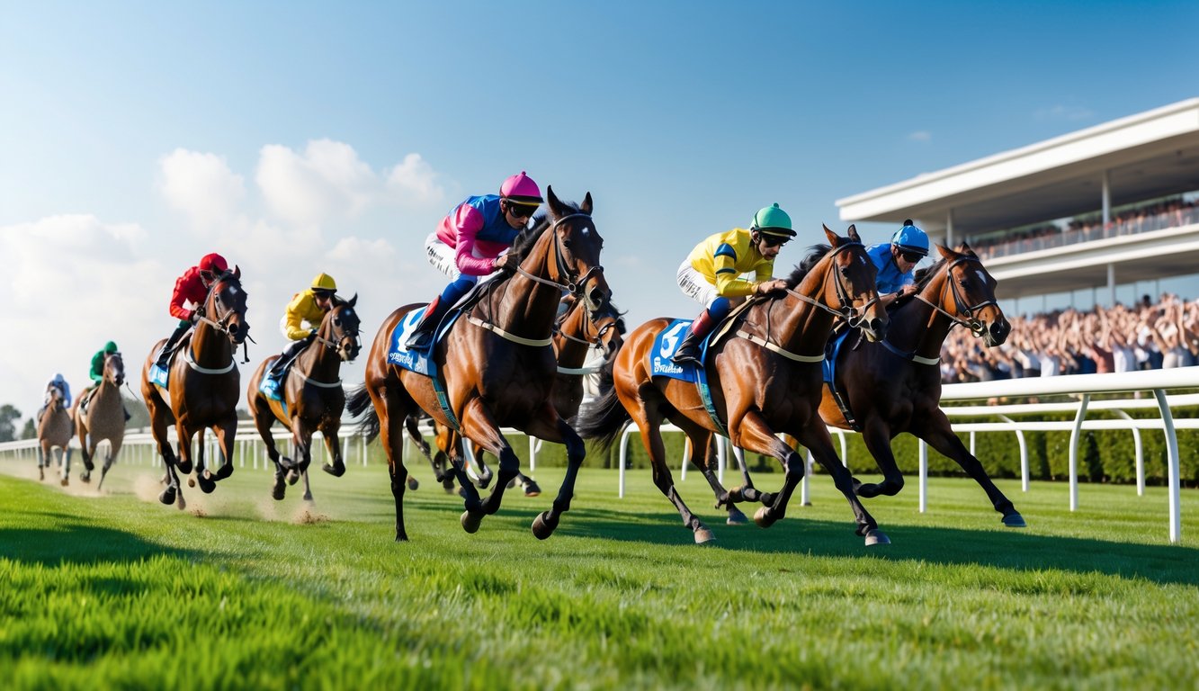Adegan balapan kuda dengan beberapa kuda dan joki sedang berlari cepat di lintasan pacuan dengan penonton di latar belakang.