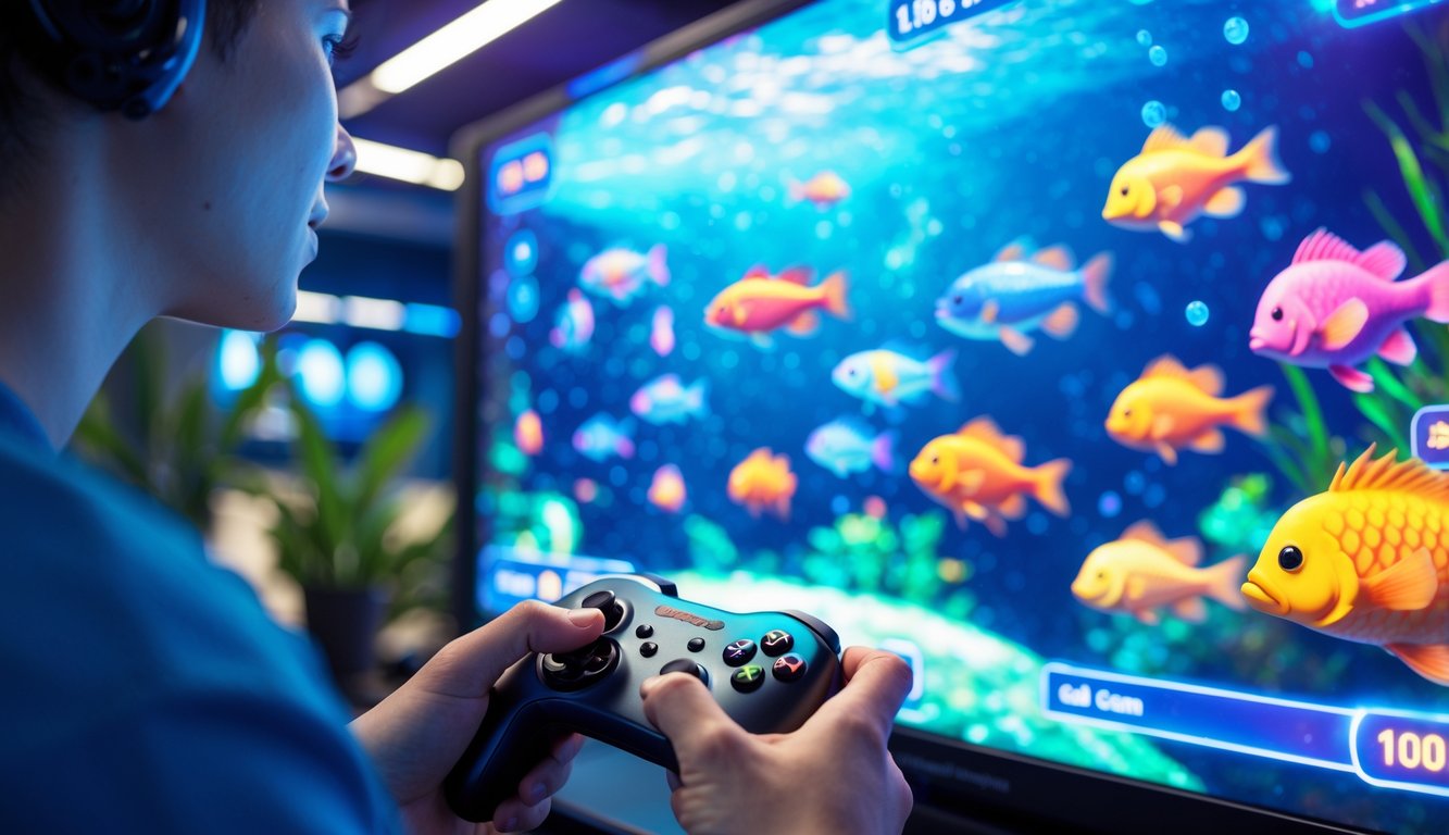 Tangan pemain memegang pengendali permainan dengan layar game ikan berwarna-warni yang bergerak di latar belakang.