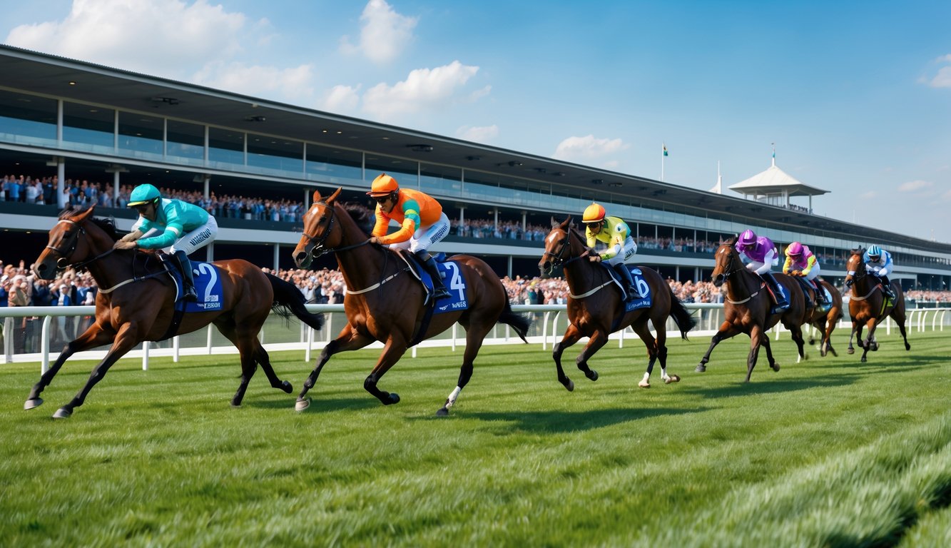 Beberapa kuda pacuan dengan joki berwarna-warni berlari cepat di lintasan balap dengan tribun penonton di latar belakang.