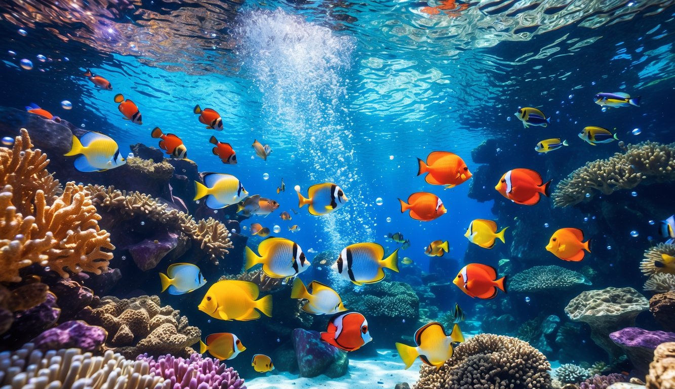 Pemandangan bawah laut yang penuh warna dengan terumbu karang dan berbagai ikan tropis yang hidup.