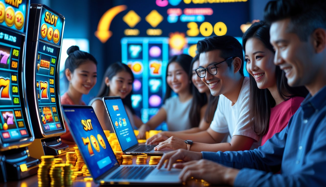 Orang-orang bermain mesin slot online menggunakan laptop dan ponsel di ruangan modern dengan suasana ceria dan penuh semangat.