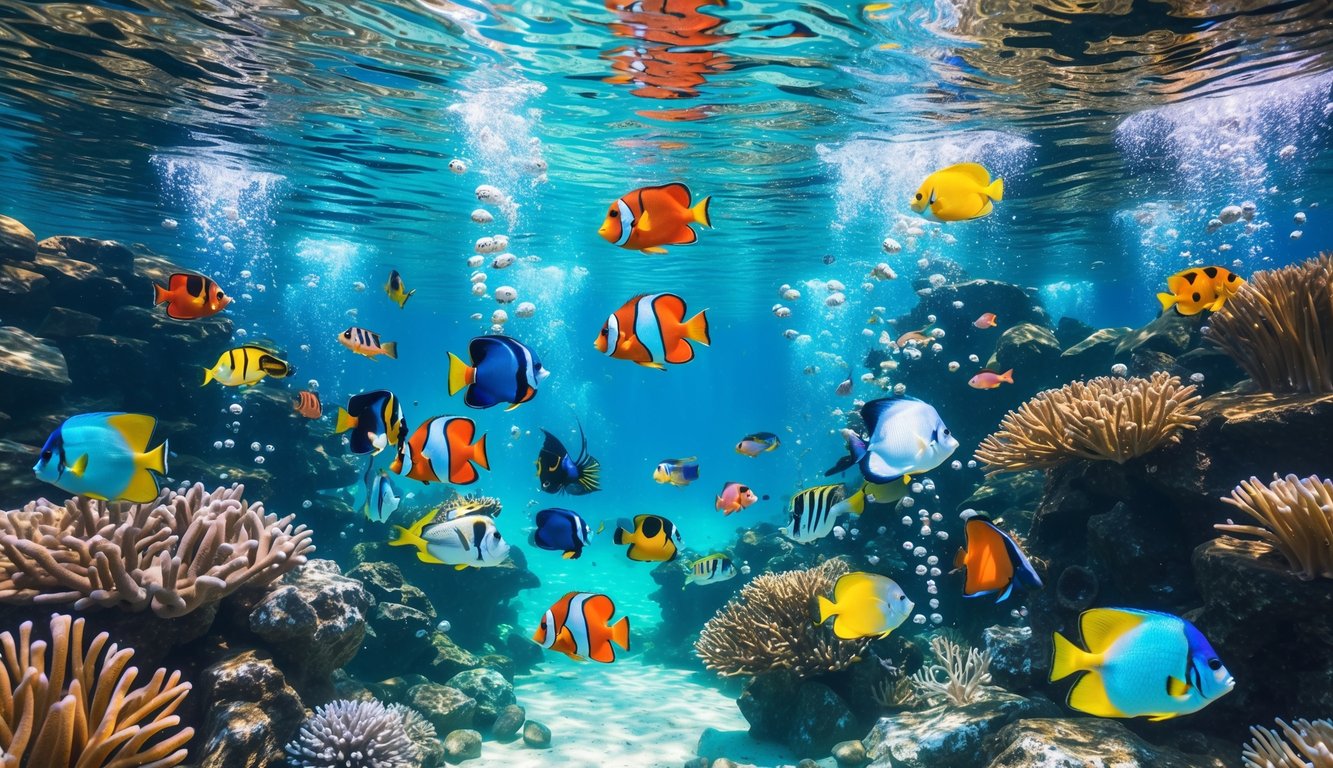 Pemandangan bawah laut dengan berbagai ikan tropis berwarna-warni berenang di antara terumbu karang.