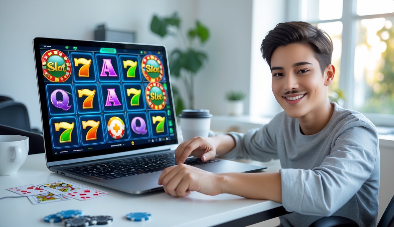 Seorang dewasa muda duduk di meja kerja dengan laptop yang menampilkan permainan slot online berwarna-warni, di ruang yang terang dengan cahaya alami dan cangkir kopi di meja.