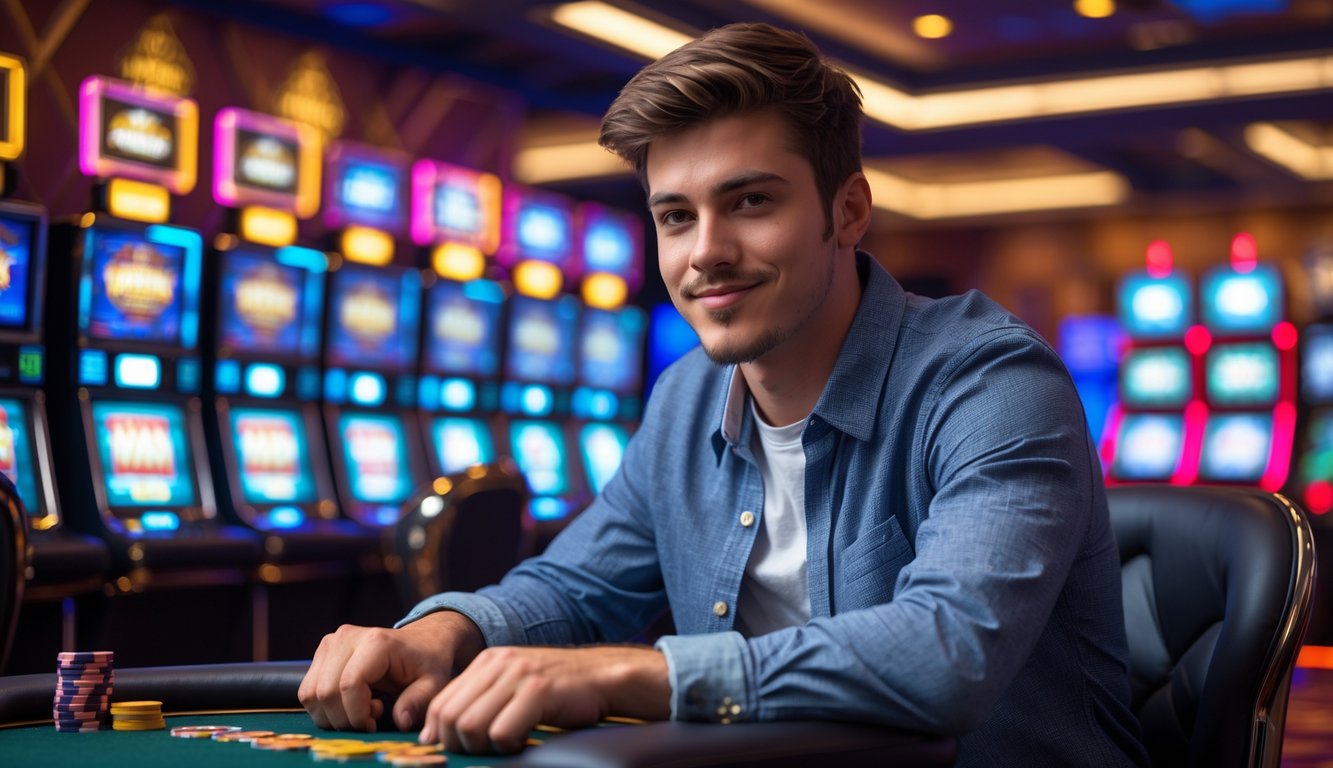 Seorang pria muda duduk di depan mesin slot di kasino dengan ekspresi fokus dan percaya diri.