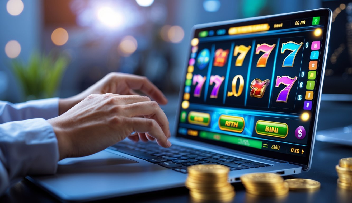 Seseorang sedang bermain permainan slot online di komputer dengan tampilan grafis permainan yang berwarna-warni.