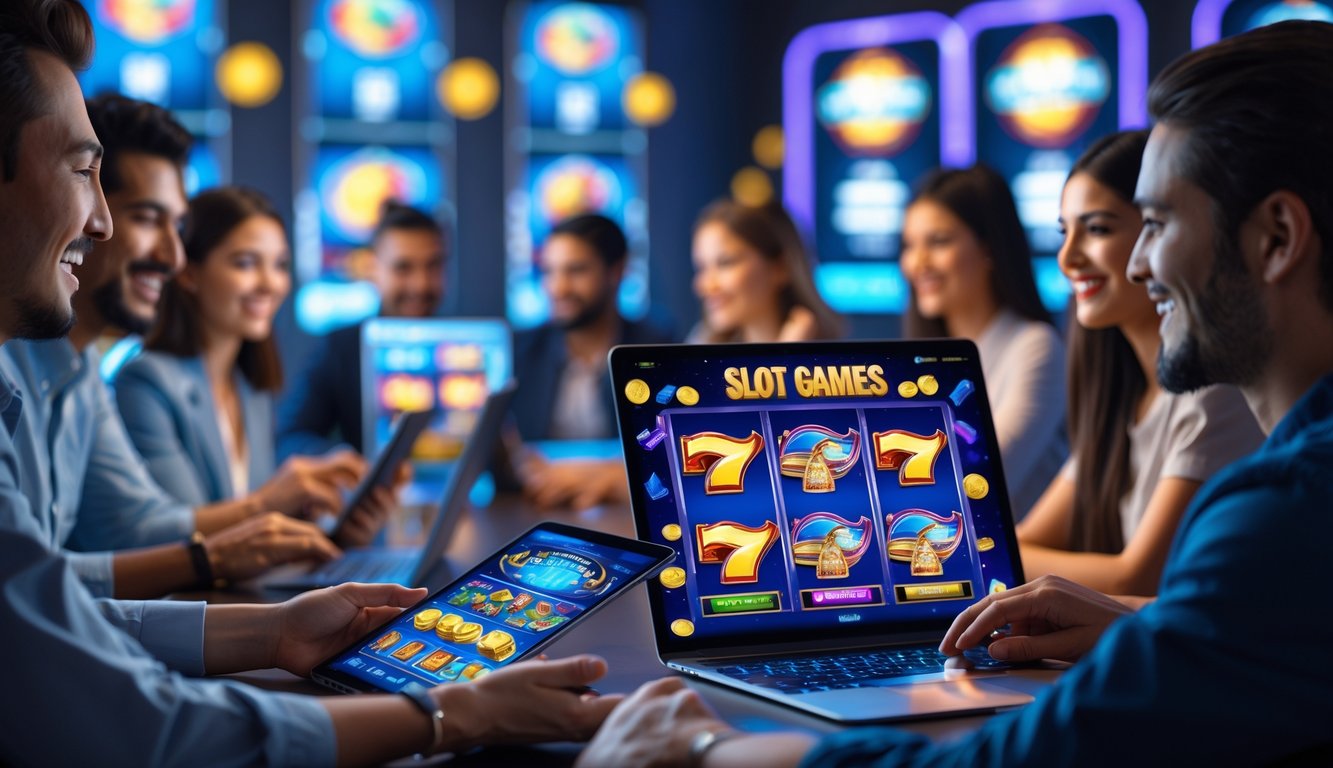 Beberapa orang sedang bermain permainan slot online menggunakan perangkat digital di ruangan yang terang dan modern.