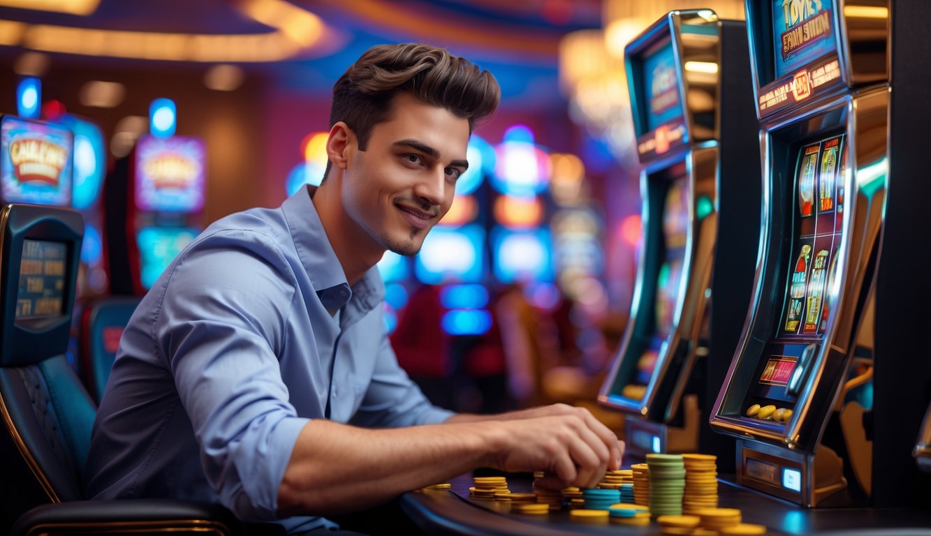 Seorang pria muda duduk di depan mesin slot di kasino dengan ekspresi percaya diri dan senyum tipis, dikelilingi oleh suasana kasino yang ramai.