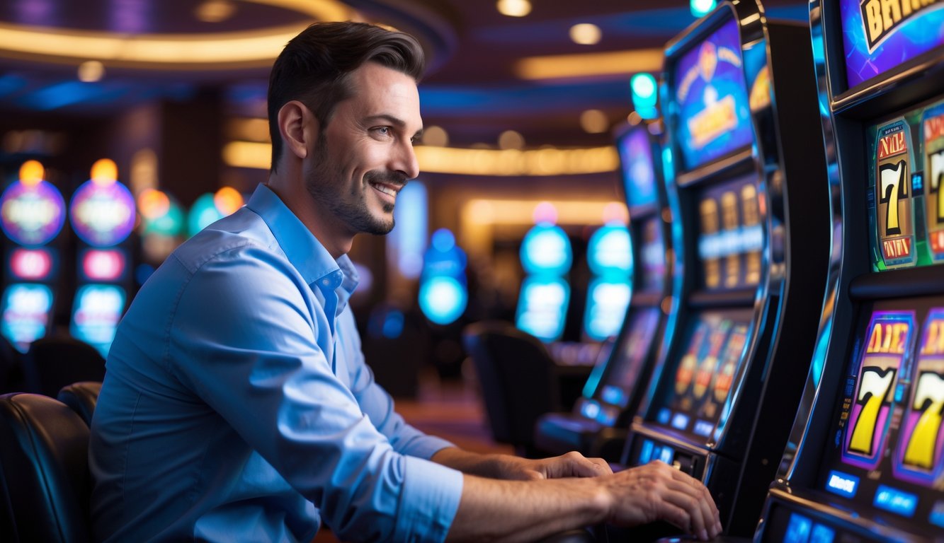 Seorang pria percaya diri sedang bermain mesin slot di dalam kasino modern dengan lampu warna-warni dan suasana yang hidup.