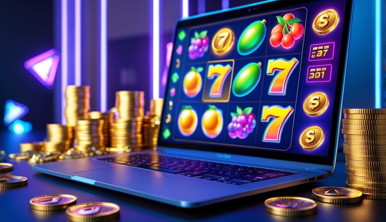 Sebuah komputer menampilkan permainan slot online dengan simbol warna-warni dan tumpukan koin emas di sekitarnya.
