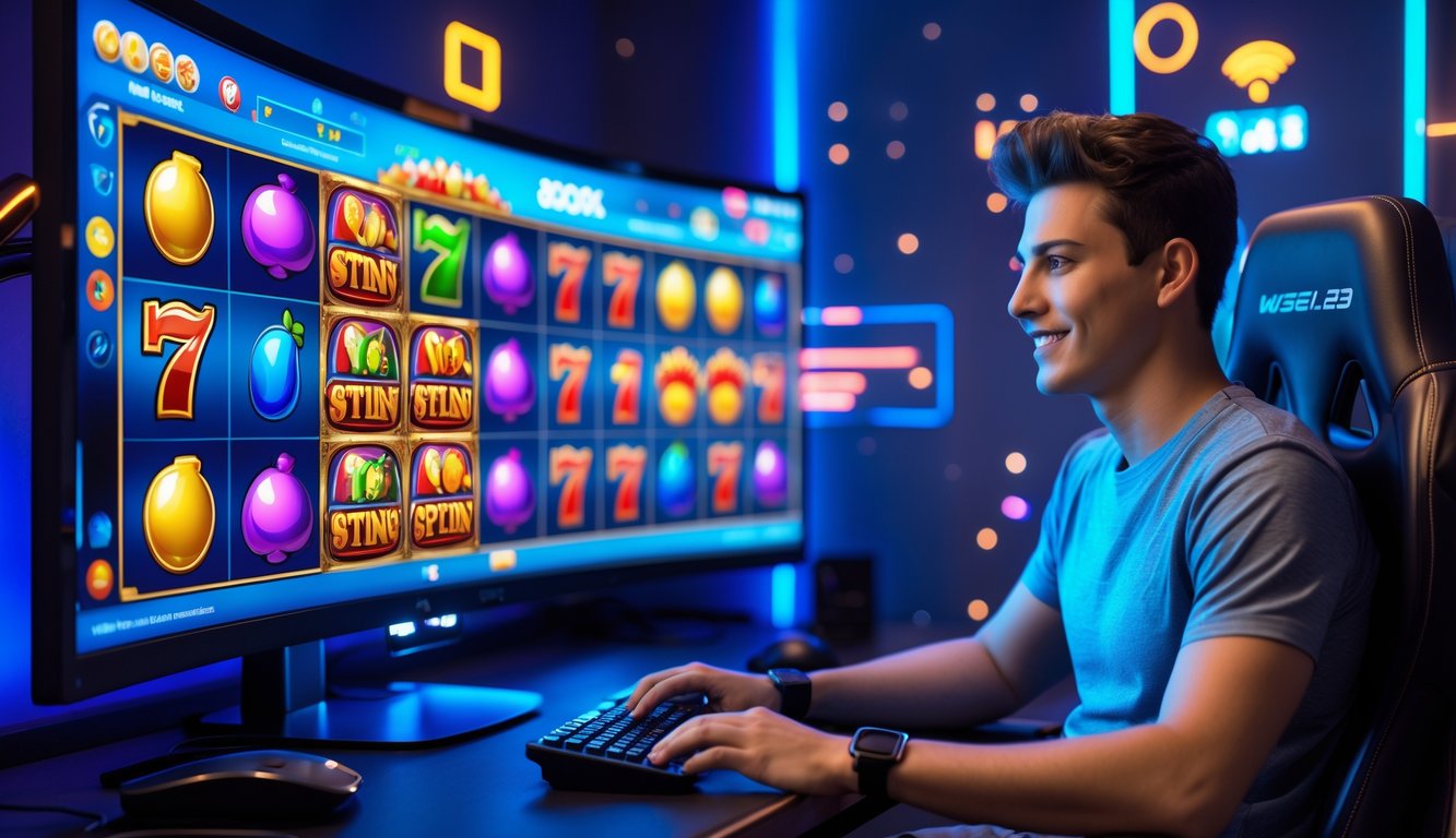 Seorang dewasa muda bermain permainan slot online di ruang kerja modern dengan monitor besar dan pencahayaan yang nyaman.