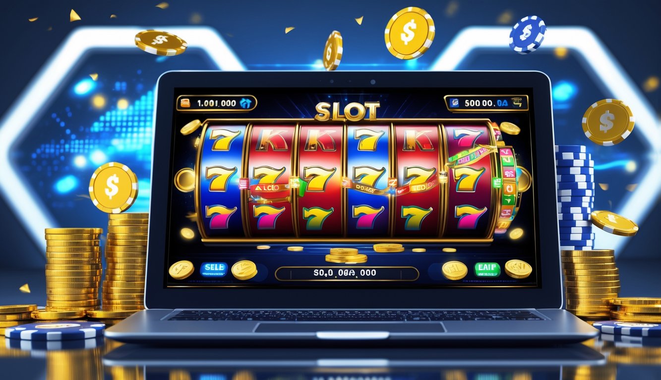 Seorang pengguna bermain permainan slot online di komputer dengan koin emas dan chip poker di sekitarnya.