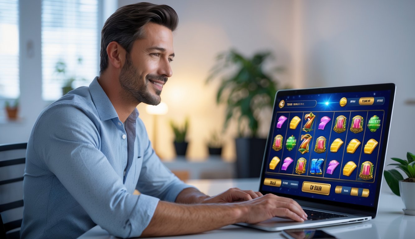 Seorang pria duduk di meja dengan laptop yang menampilkan permainan slot online, terlihat fokus dan percaya diri.