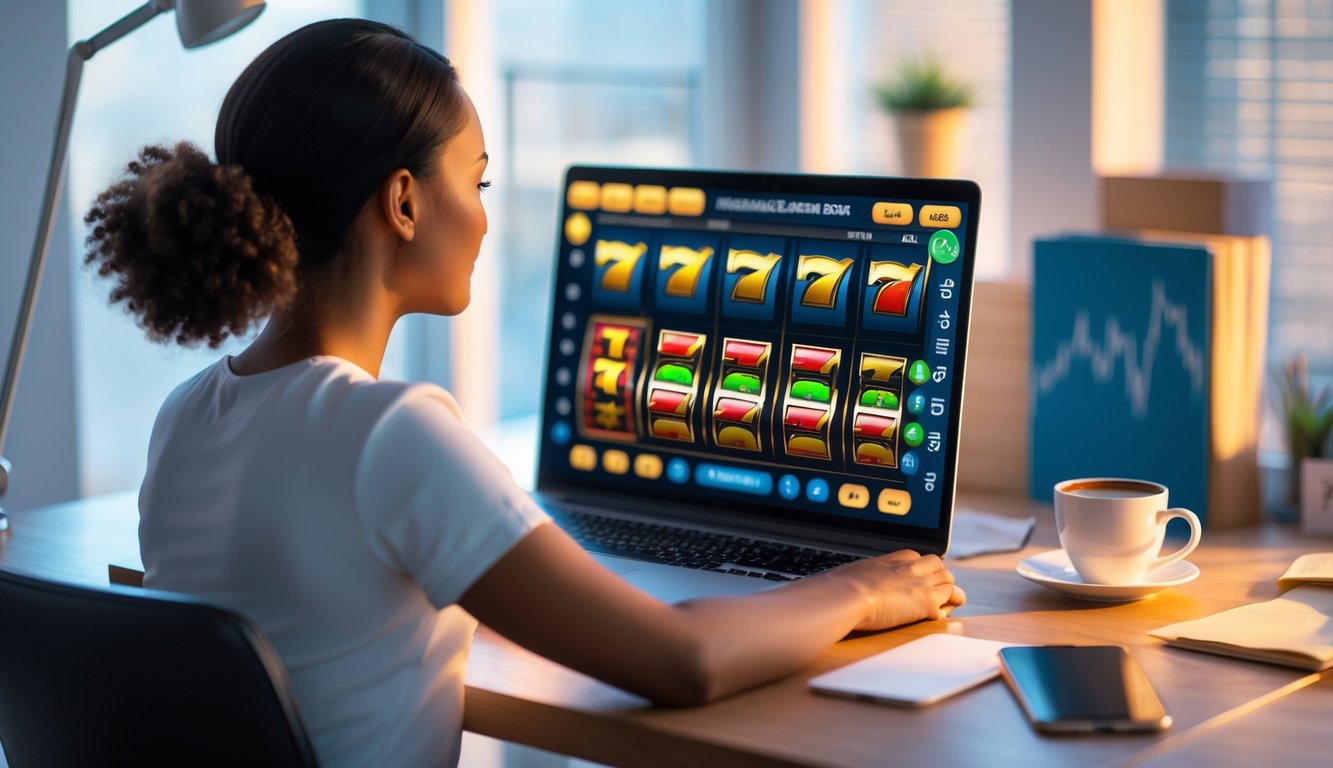 Seseorang duduk di meja kerja modern dengan laptop yang menampilkan grafik mesin slot dan catatan strategi di sekitarnya.