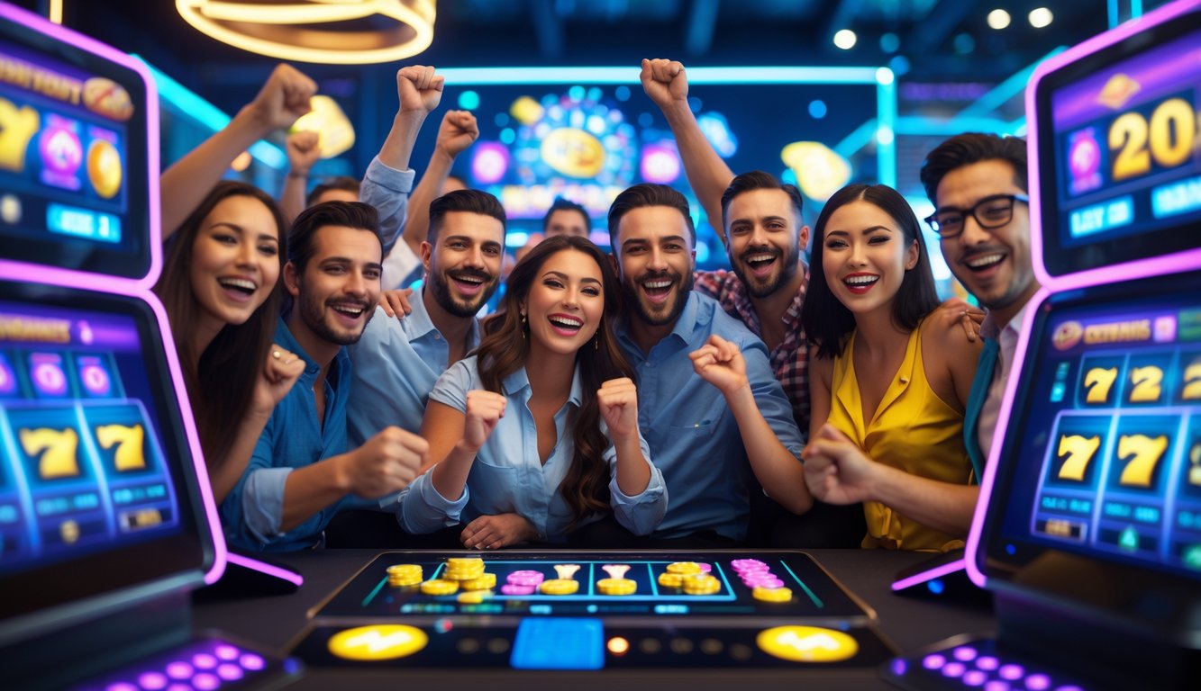 Sejumlah pemain yang gembira bermain mesin slot online di ruang permainan modern dengan layar komputer dan ponsel menampilkan simbol jackpot progresif.